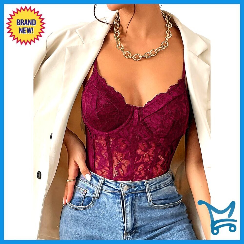 Lace Bustier Bodysuit Sheer Mesh Slim Fit Corset Top Y2K Chic
